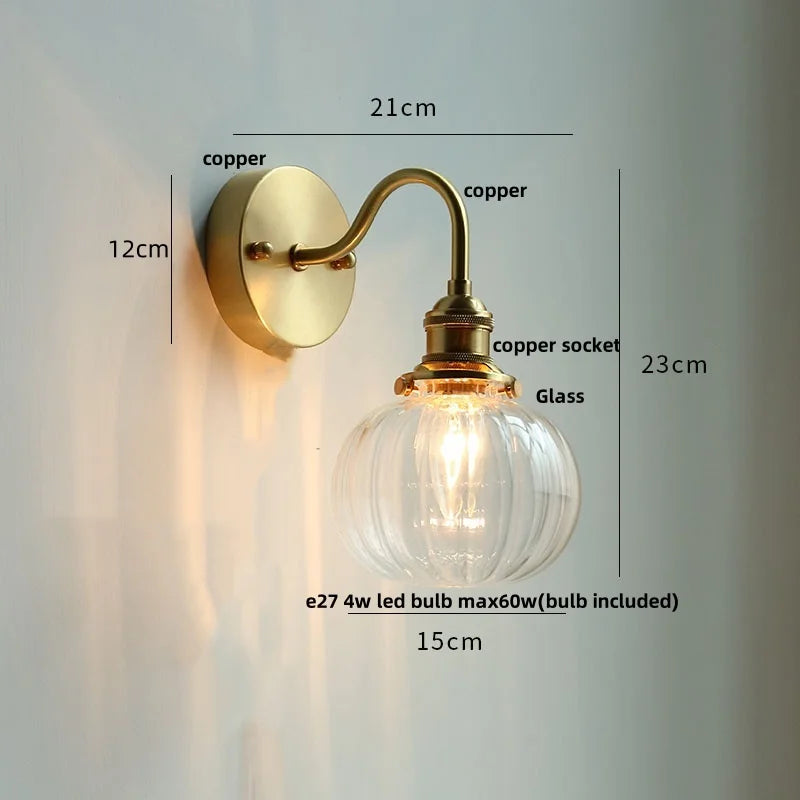 DecorBites™ Clear Glass LED Wall Sconce Pull Chain Switch Modern Copper Bedside Lamp