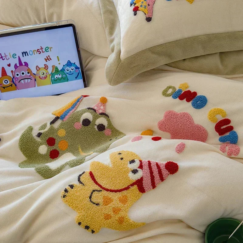 DecorBites™ Embroidered Milk Fleece Winter Bedding Set for Warmth & Cozy Comfort