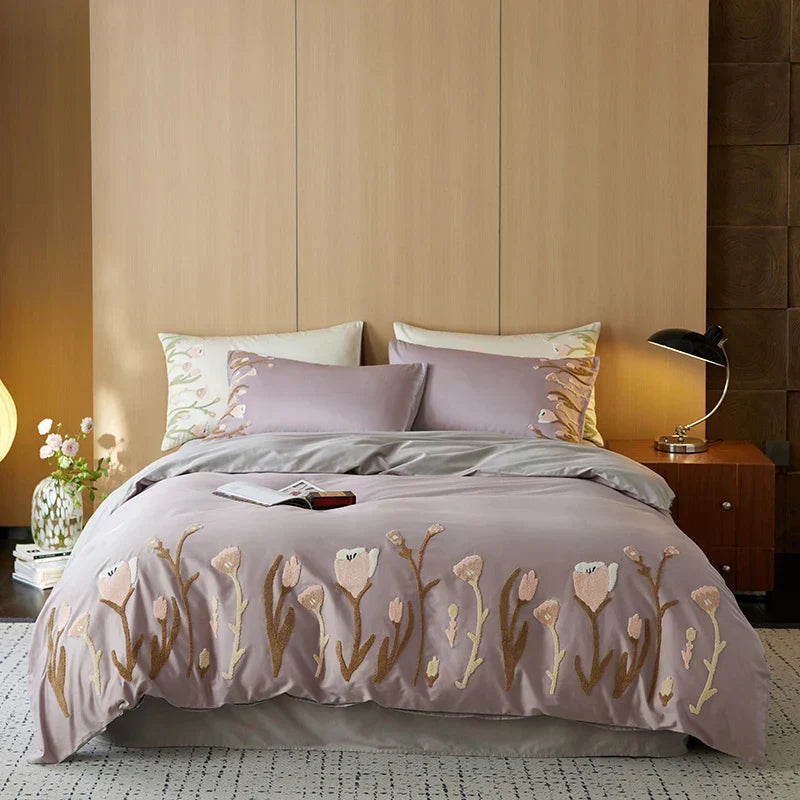 DecorBites™ 4-Piece Egyptian Cotton Tulip Towel Embroidery Bedding Set