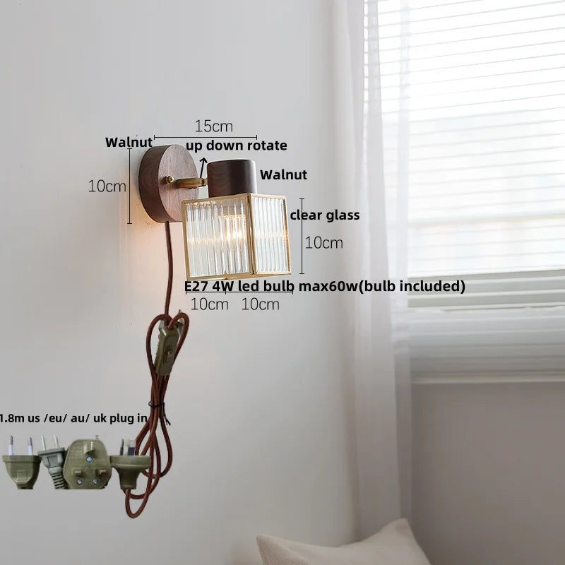 DecorBites™ LED Wall Lamp Sconce Walnut Wood Clear Glass Rotate Dining Room Mirror Light
