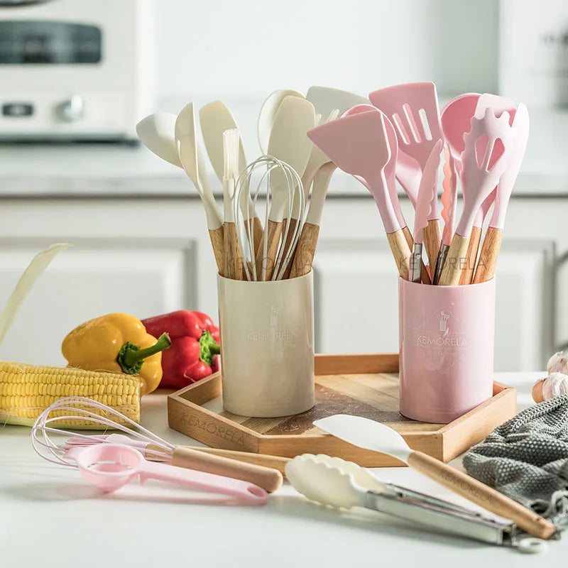 DecorBites™ 13-Piece Silicone Kitchen Utensil Set with Storage Box - Non-Stick Cooking Tools and Measuring Spoons