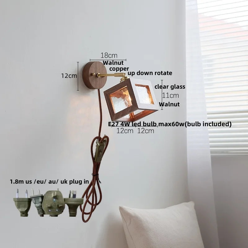 DecorBites™ Clear Glass LED Wall Light Fixture Walnut Wood Pull Chain Switch Nordic Modern Wall Lamp