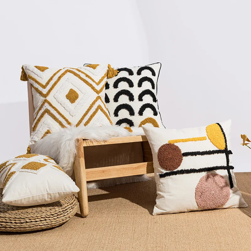 DecorBites™ Geometric Embroidery Boho Loop Tufte Cotton Canvas Cushion Cover 45x45/30x50cm