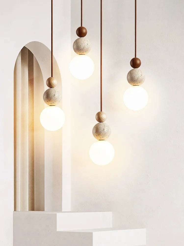 DecorBites™ Cream Style LED Pendant Lamp for Bedroom, Stone Wood Design