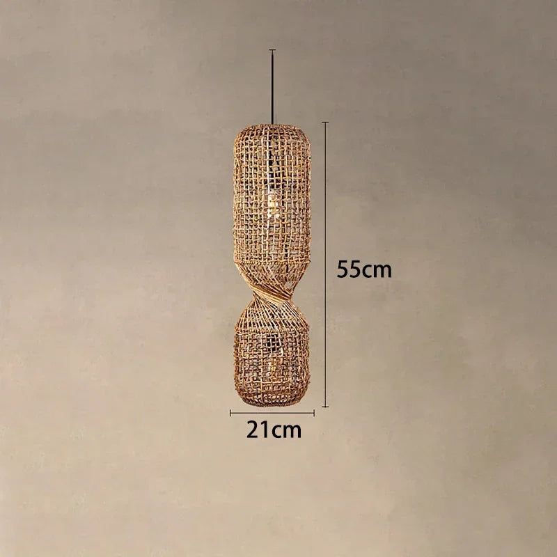 Vintage Hand-Woven Brown Rattan Cylinder Pendant Light