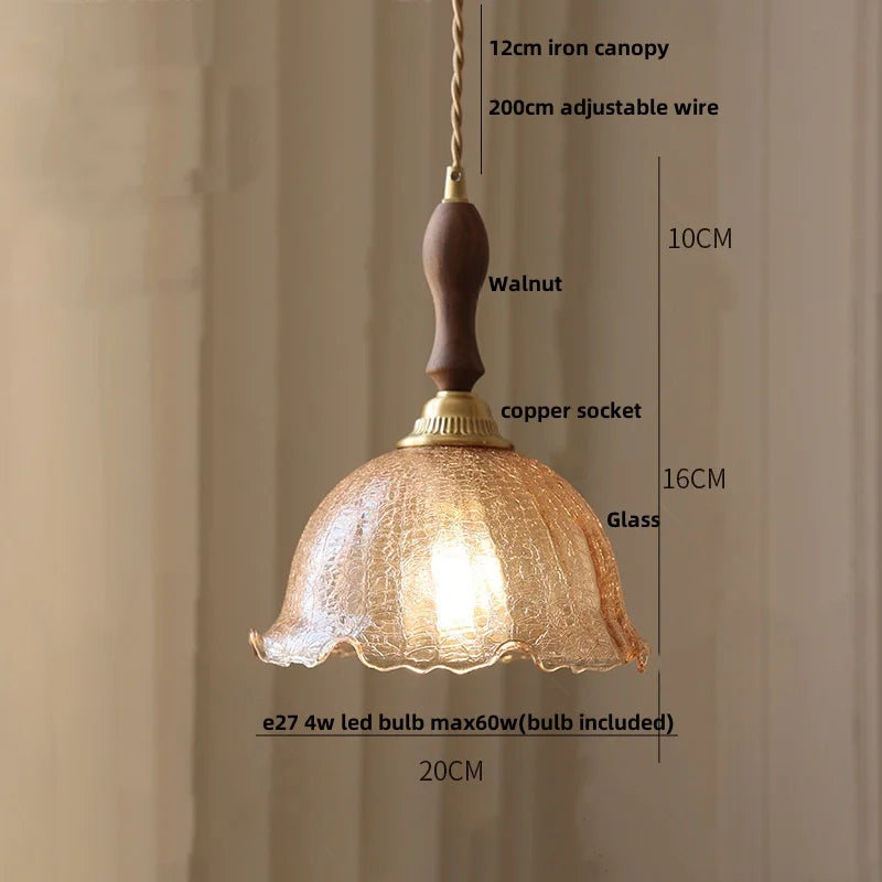 DecorBites™ Amber Glass LED Pendant Lamp with Walnut Wood Accent - Modern Nordic Hanging Light