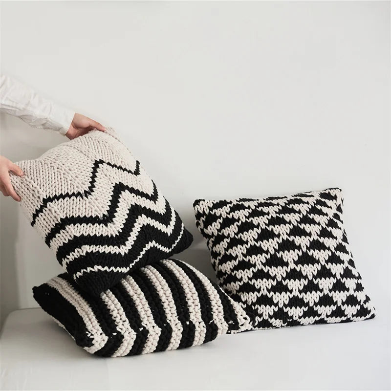DecorBites™ Geo Knit Stripe Woven Square Pillow 45x45cm Black Ivory Insets