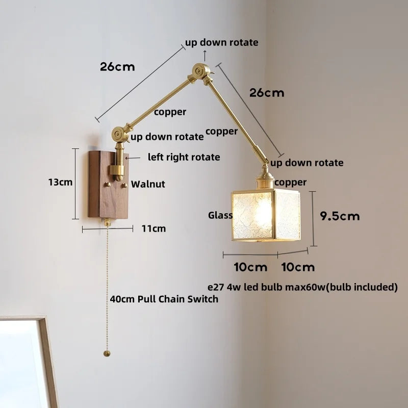 DecorBites™ LED Walnut Wood Cube Glass Wall Light with Pull Chain Switch
