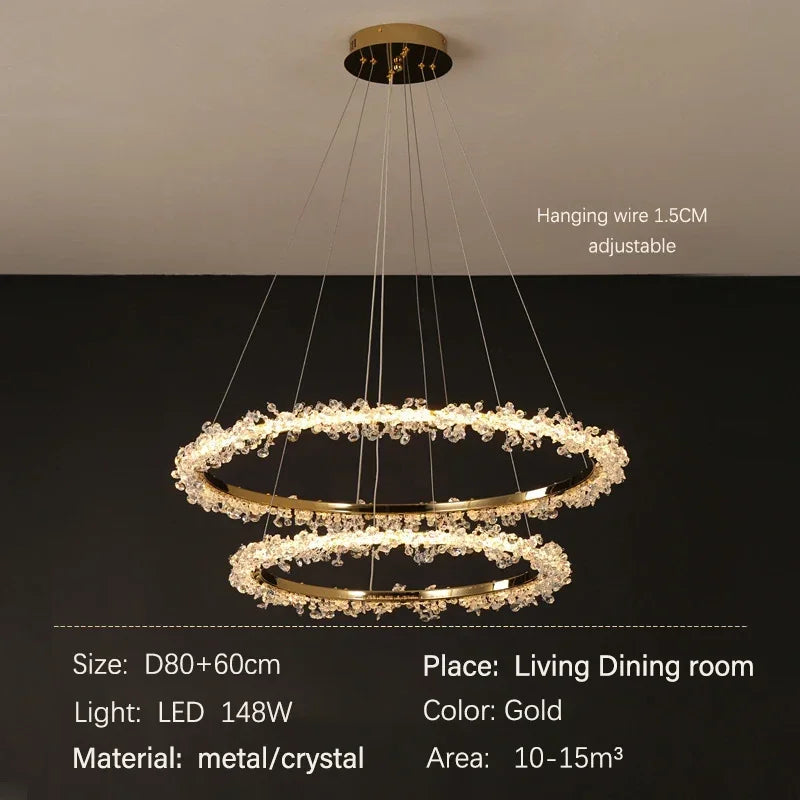 DecorBites™ ثريا كريستال ذهبية مستديرة | ثريا هالو LED فاخرة بنمط نورديك لغرفة المعيشة