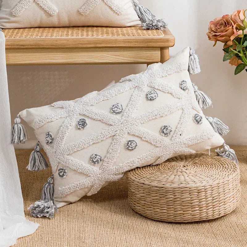 DecorBites™ Geometric Tufted Tassel Cushion Cover White Grey Bohemian Decor Pillow Cover