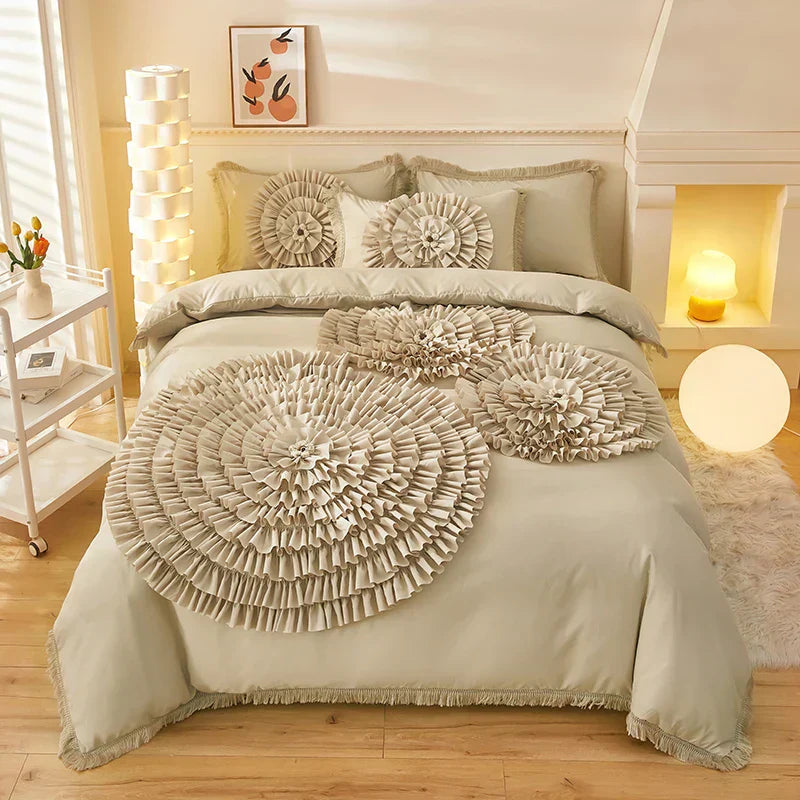 DecorBites™ Brushed Cotton Flower Embroidery Bedding Set with Stereoscopic Handwork