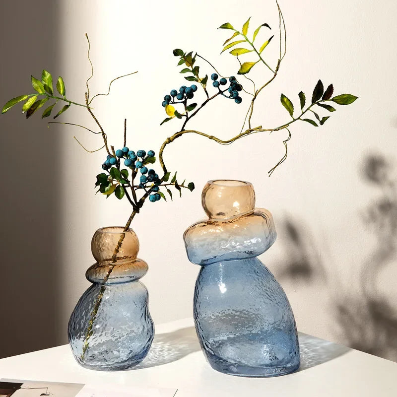 DecorBites™ مزهرية زجاجية متدرجة على شكل قرع، تررم صخري غير منتظم لتزيين المنزل