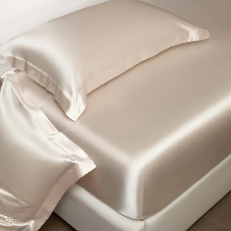 DecorBites™ 100% Mulberry Silk Fitted Sheet Set with Pillowcase - Luxury Solid Color Silk Bed Linen