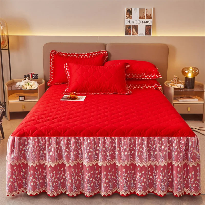 DecorBites™ Cotton Lace Ruffles Quilted Bed Skirt Set with Pillowcases