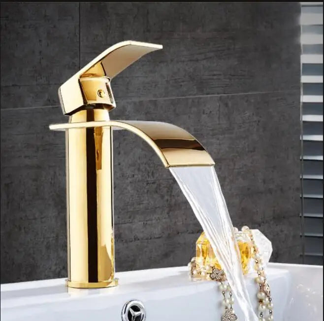 Robinet mitigeur d'évier DecorBites™ cascade doré et blanc pour salle de bain, eau chaude et froide