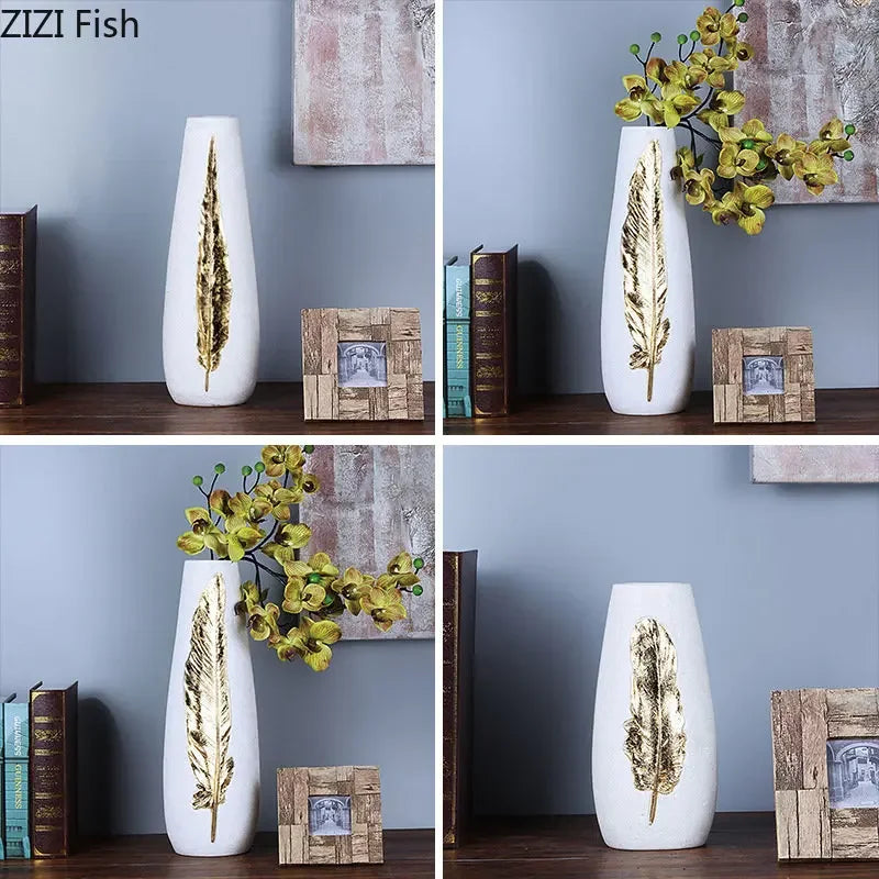 مجموعة مزهرية ريشة ذهبية وزهور اصطناعية DecorBites™ - ديكور منزلي عصري