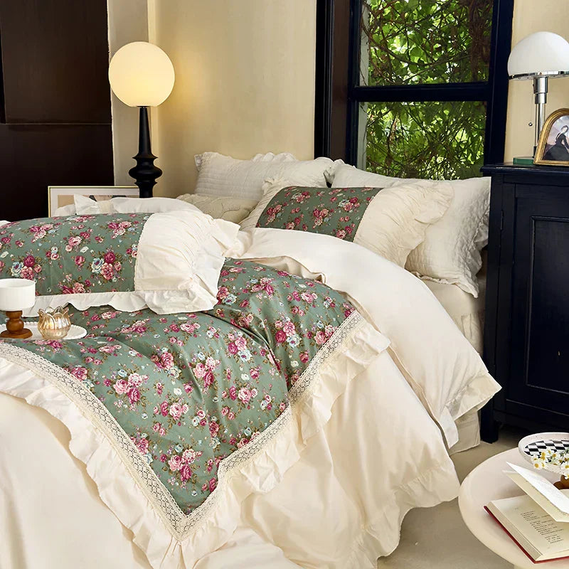 DecorBites™ French Flowers Lace Ruffles Cotton Bedding Set with Duvet Cover, Bed Skirt, and Pillowcases