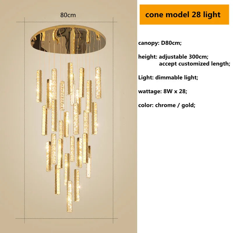 أضواء معلقة من الكريستال من الستيل المطلي بالكروم الذهبي من DecorBites™ مزودة بإضاءة LED قابلة للتعتيم لدرج الفيلا
