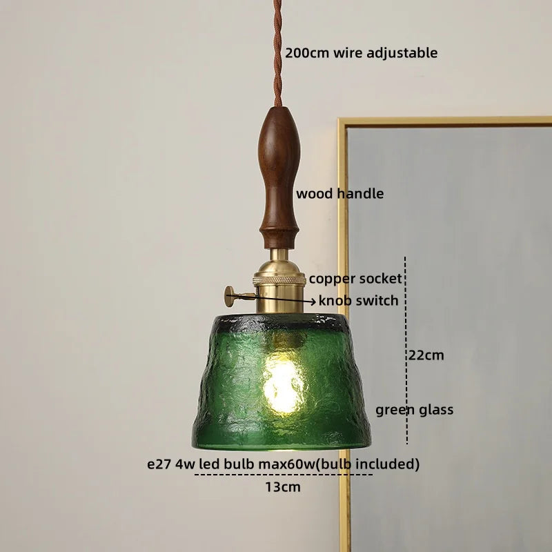 مصباح معلق LED من الزجاج الأخضر DecorBites™ بمفتاح مقبض، ثريا نحاسية