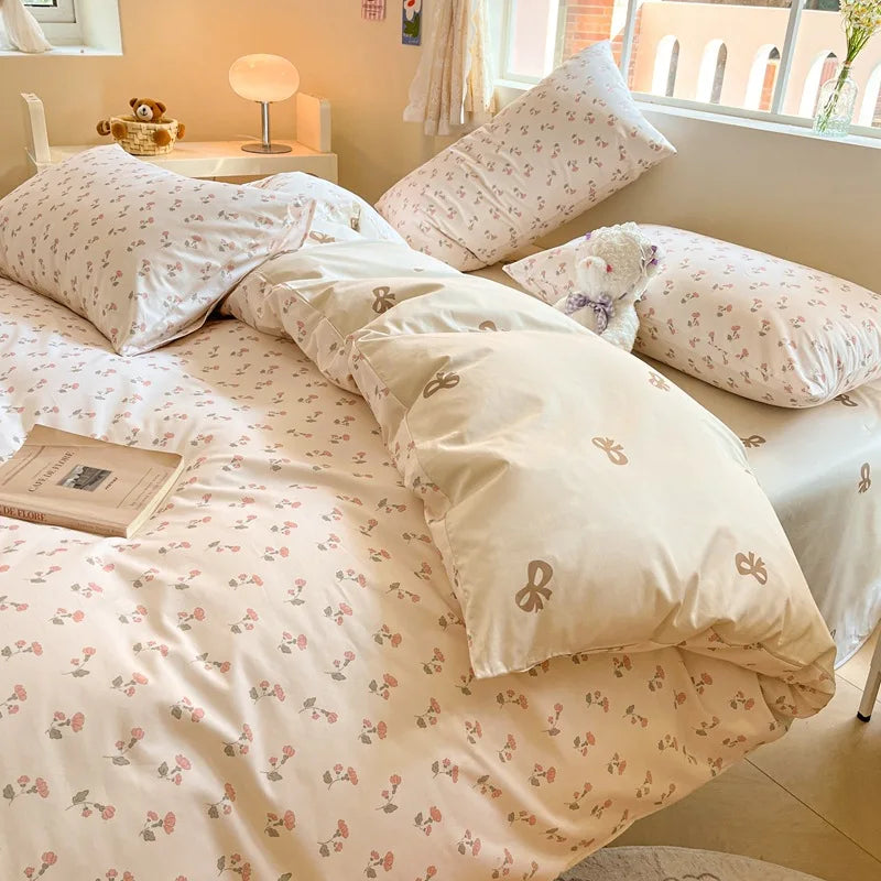 DecorBites™ Cotton Floral Print Bedding Set: Comfortable Sleep Quilt Cover & Fitted Sheet in All Seasons