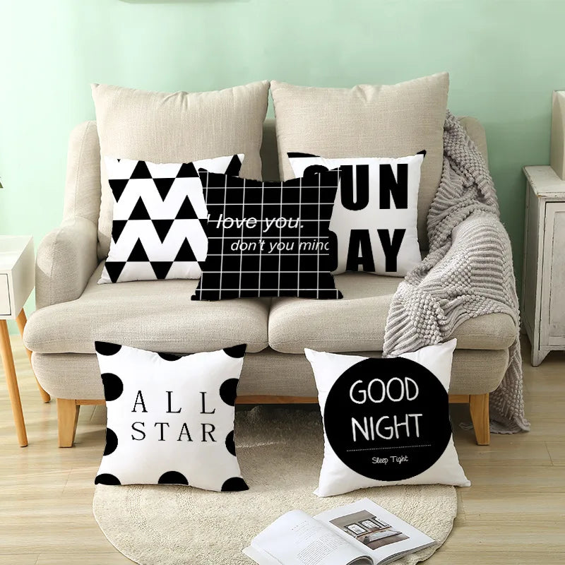 DecorBites™ Black Geometry Letters Print Cushion Cover for Home Decor & Office