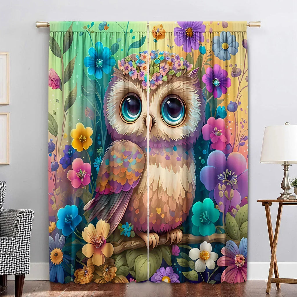 DecorBites™ Black Cat Color Owl Modern Printed Curtain Set