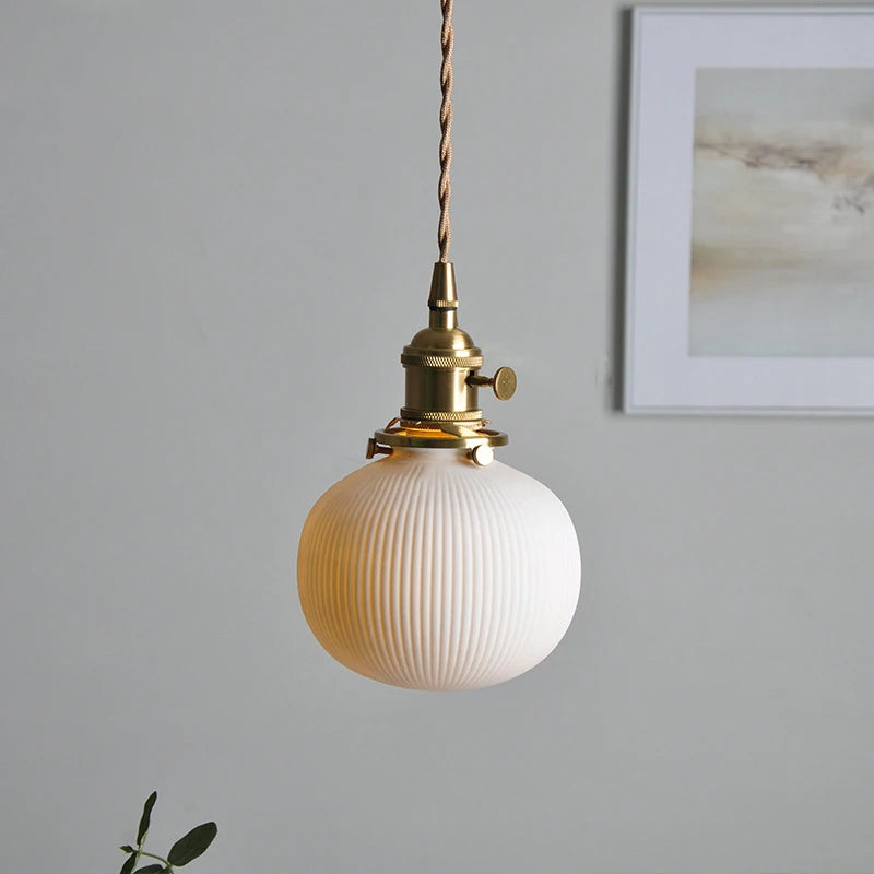 Japanese Ceramic Pendant Light With Polished Copper Finish