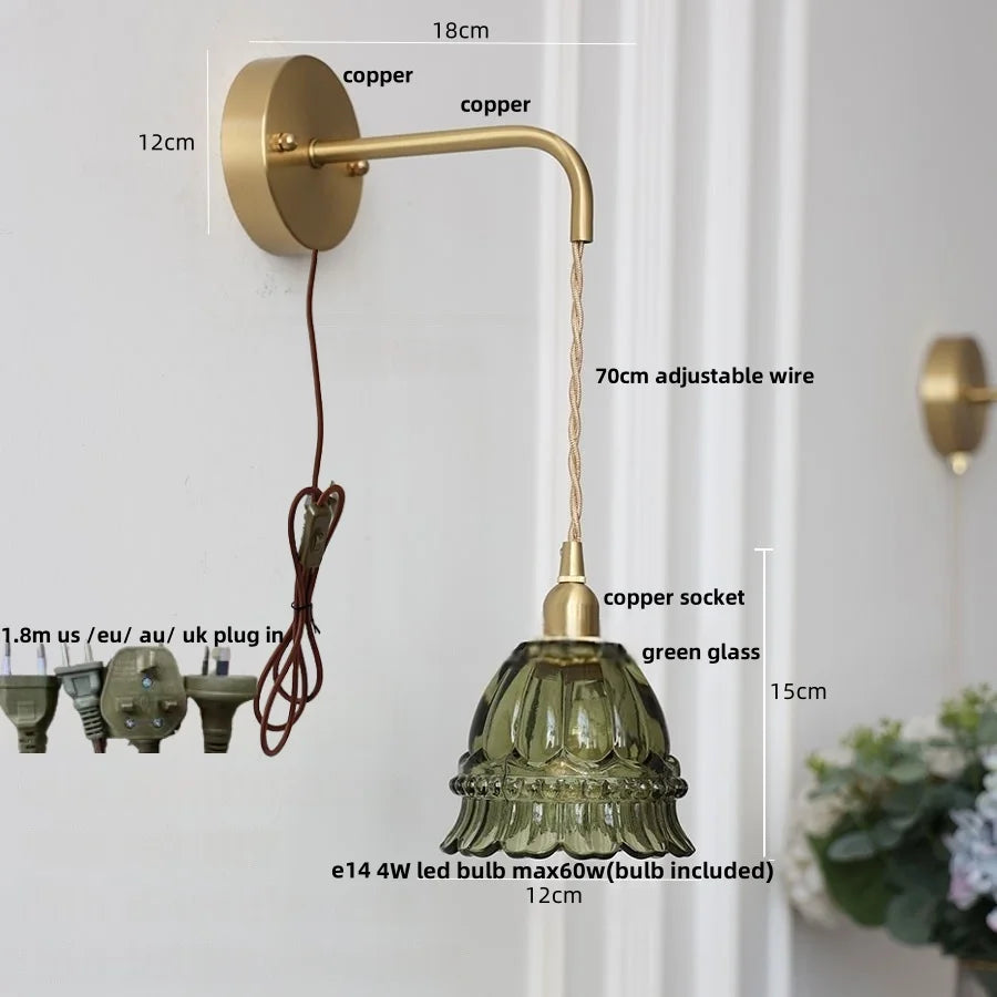 DecorBites™ Amber Glass LED Wall Light with Pull Chain Switch, Modern Nordic Flower Wall Sconce