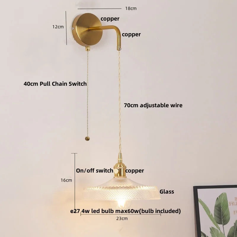 مصابيح جدارية نحاسية زجاجية DecorBites™ LED | مفتاح بسلسلة سحب | مصباح حمام قابل للتعديل