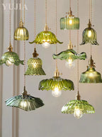 Vintage Green Glass Pendant Light With Brass Finish