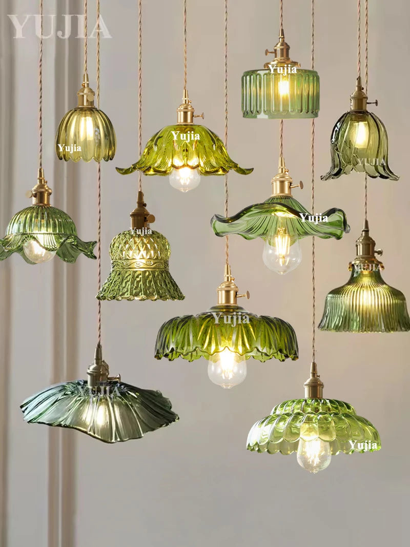 Vintage Green Glass Pendant Light With Brass Finish