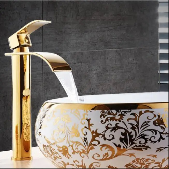 Robinet mitigeur d'évier DecorBites™ cascade doré et blanc pour salle de bain, eau chaude et froide