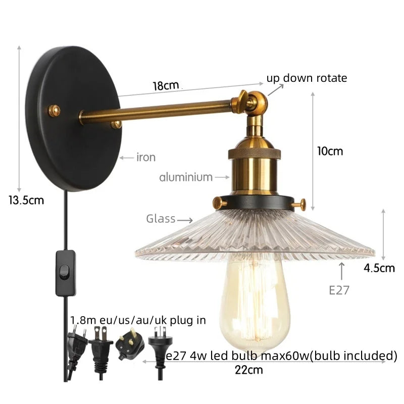 مصابيح حائط LED صناعية لوفت من DecorBites™ لغرفة النوم، مصباح درج بقابس