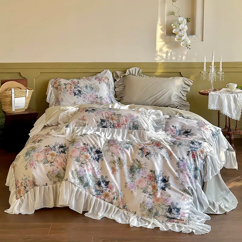 DecorBites™ French Flowers Lace Ruffles Princess Bedding Set with 1000TC Egyptian Cotton