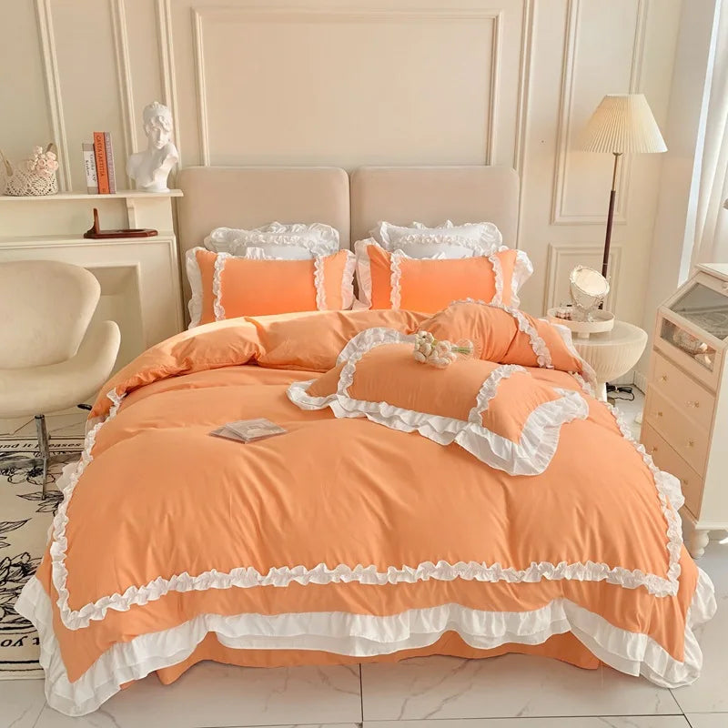 طقم سرير الأميرة الكورية لوليتا من 4 قطع من DecorBites™ من القطن المغسول السادة
