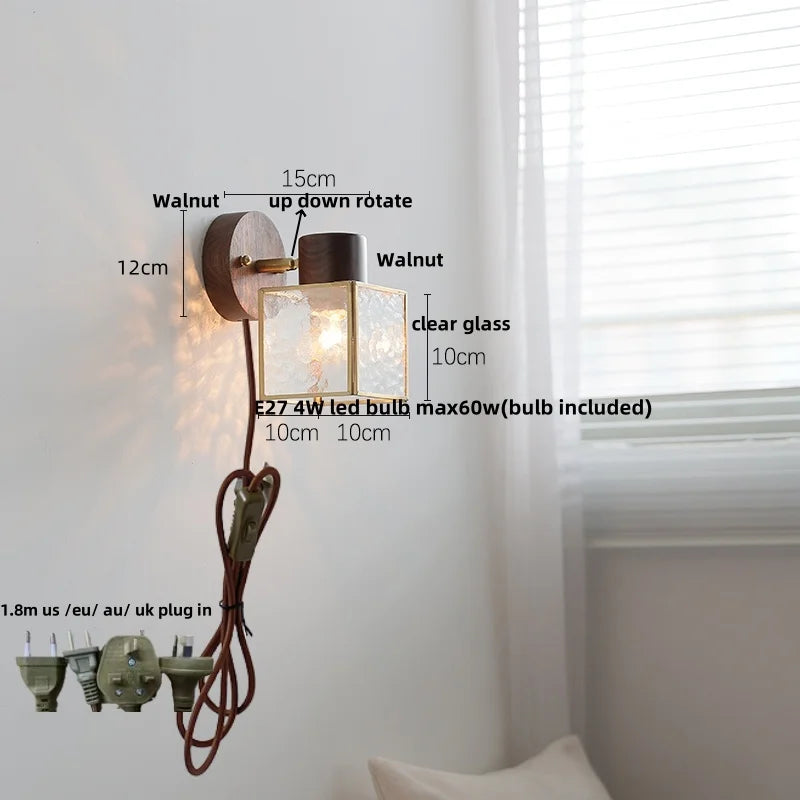 DecorBites™ Clear Glass LED Wall Sconce Walnut Wood Bedroom Living Room Modern Fixture