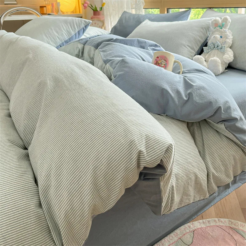 DecorBites™ Cotton Striped Bedding Set Yarn Dyed Washed Duvet Cover Single Bedclothes