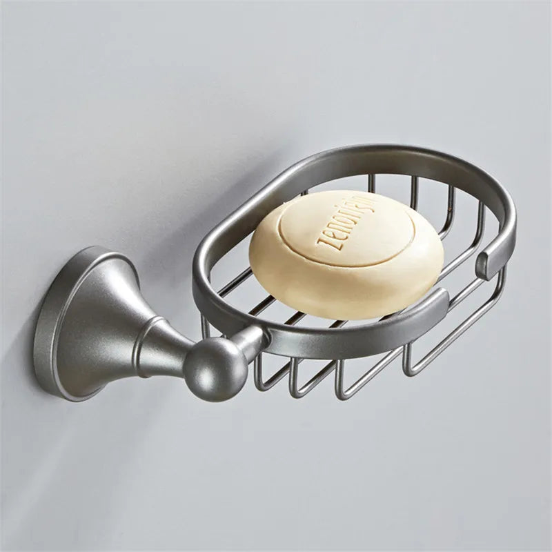DecorBites™ Gray Bathroom Accessories Set: Towel Rack, Toilet Brush Holder, Shelf, Soap Dish