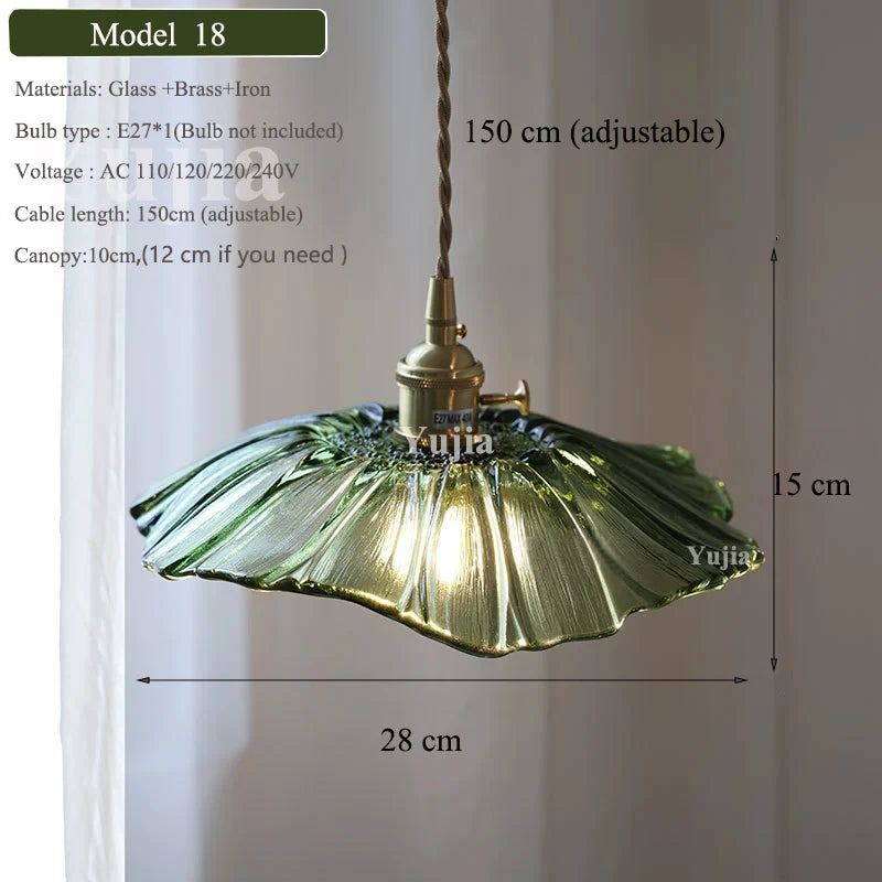Vintage Green Glass Pendant Light With Brass Finish