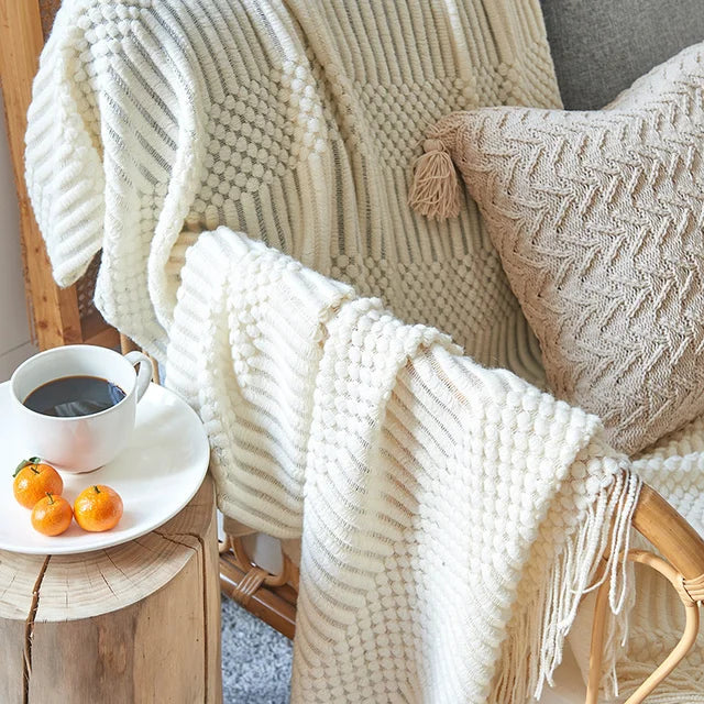 DecorBites™ 3D Knitted Tassel Blanket: Stylish Home Decor Throw for Sofa & Bed
