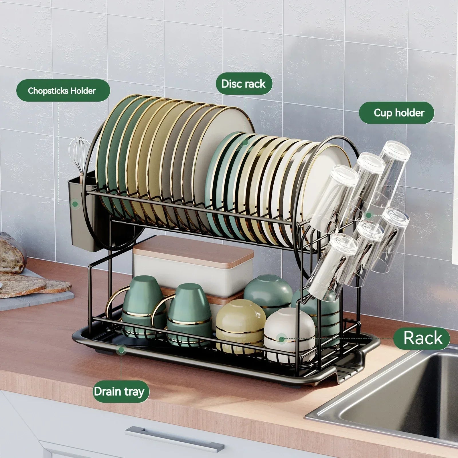 رف تنظيم المطبخ DecorBites™ مع لوح تصريف للأطباق والأواني والأكواب