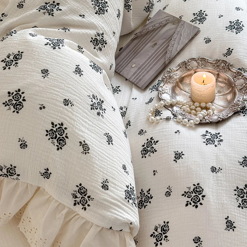 DecorBites™ French Lace Ruffles Floral 100% Cotton Bedding Set with Duvet Cover, Sheet, Pillowcases