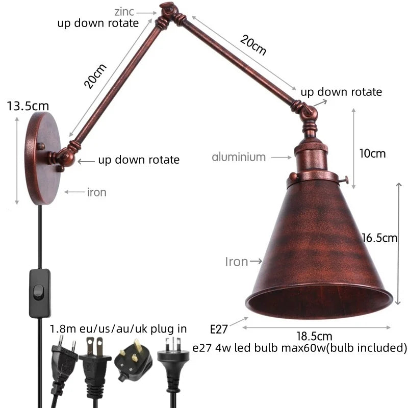 مصباح حائط DecorBites™ LED بذراع طويل مع مفتاح سحب لسلسلة للمنزل والفندق والحمام