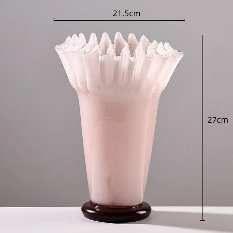 مزهرية زجاجية كبيرة من DecorBites™ بحافة ورقة اللوتس لديكور المنزل