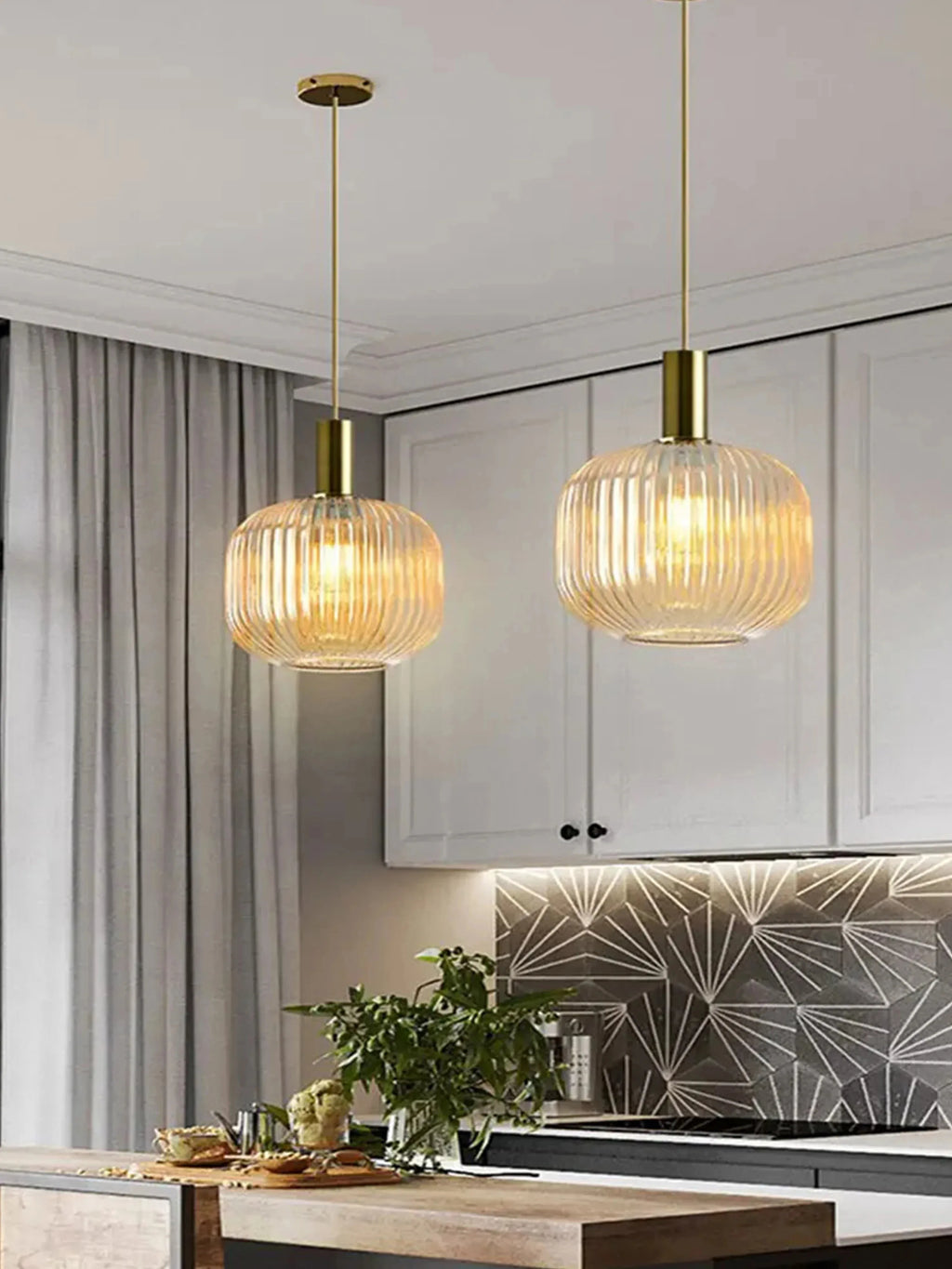 Nordic Ribbed Glass Pendant Light in Green, Grey or Amber