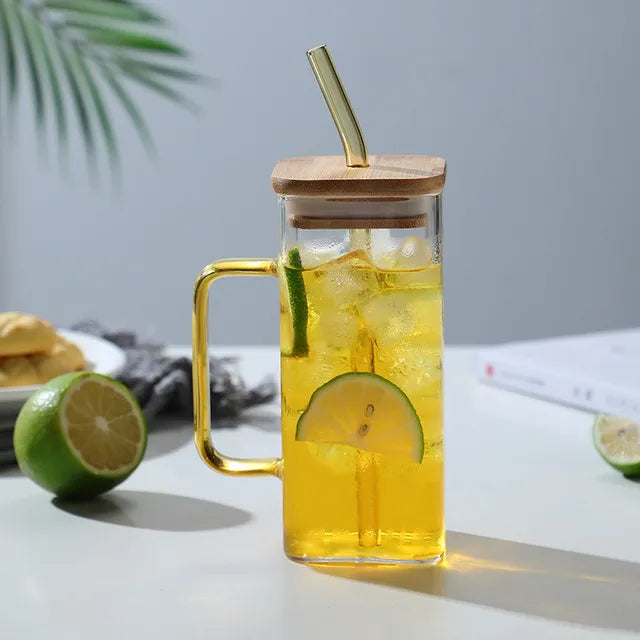 DecorBites™ 400ml Square Glass Mug with Lid and Straw | Versatile Party Beverage Cup