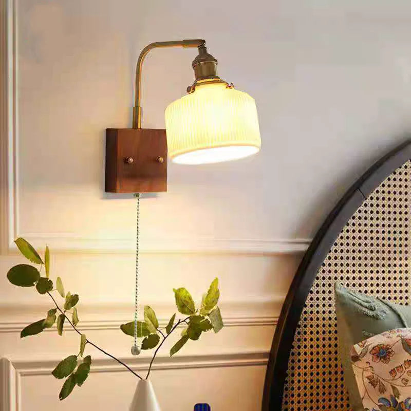 DecorBites™ Ceramic LED Wall Sconce with Walnut Wood Pull Chain Switch - Nordic Style