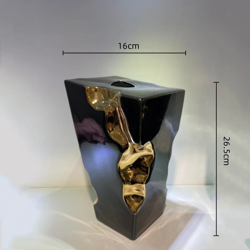 DecorBites™ Golden Notch Ceramic Vase Geometric Square Design Home Decor Accessory