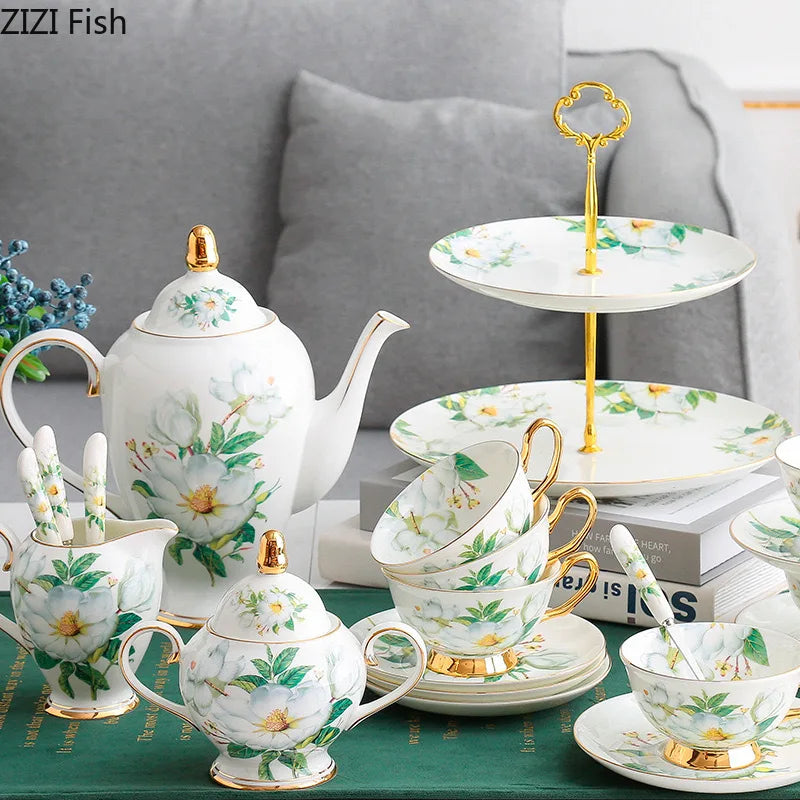 طقم فنجان وصحن سيراميك Green Flowers من DecorBites™ للقهوة والشاي والعصير والمزيد