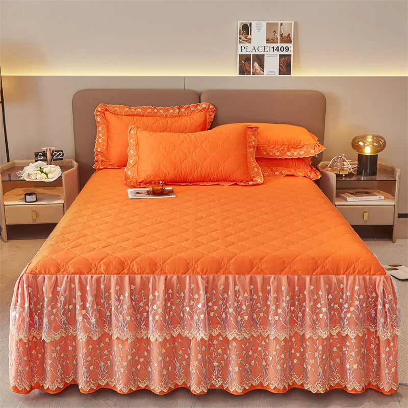 DecorBites™ Cotton Lace Ruffles Quilted Bed Skirt Set with Pillowcases